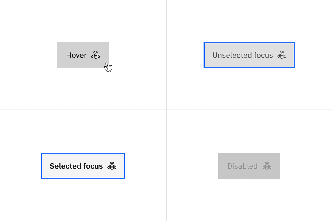 Examples of hover, unselected focus, selected focus, and disabled states for contained tabs.